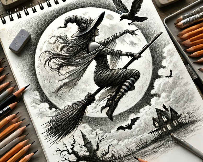 Dragon with wings and long tail in black and grey pencil sketch, crescent moon, bare tree, sailing ship; project idea, suitable for cover-up.