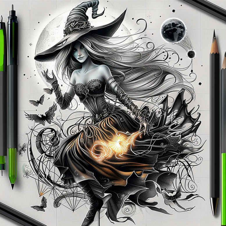 witches tattoo design ideas Surrealism subconscious themes sacred herbs for nape