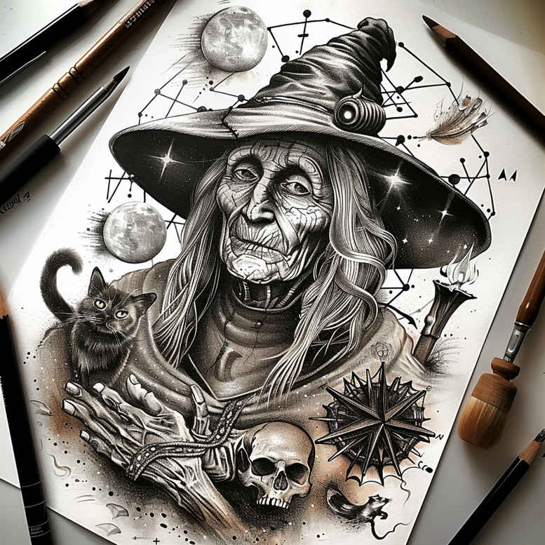 witches tattoo design ideas solid blacks sacred herbs for upper chest