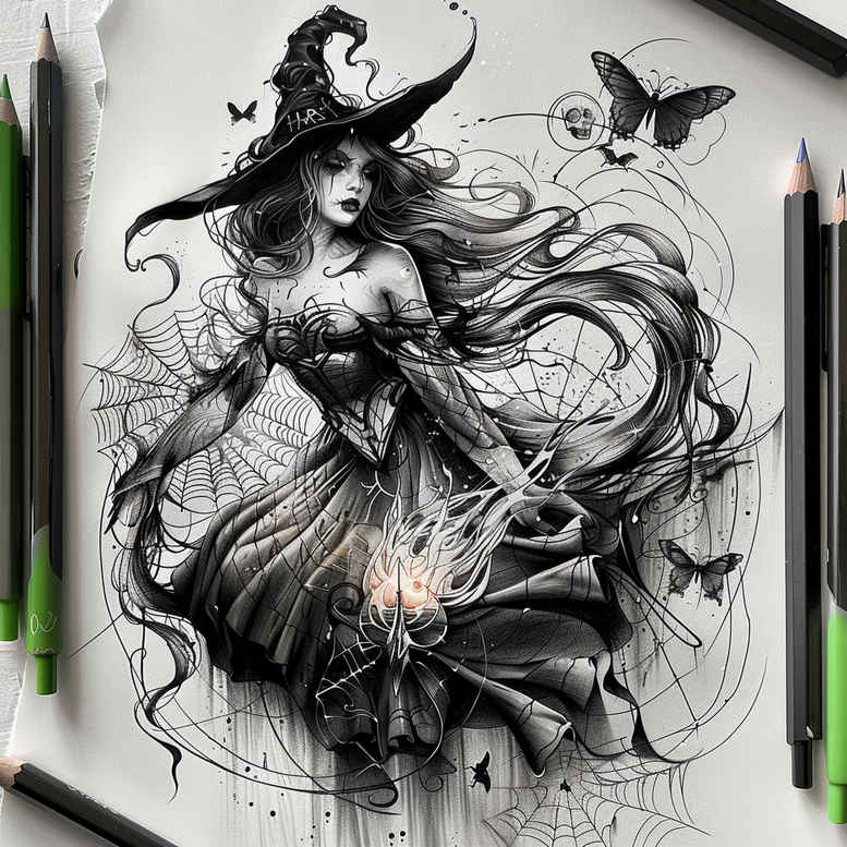 witches tattoo design ideas Realism optical depth sacred night for upper thigh