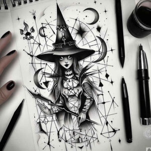 witches tattoo design ideas accent shading shadow charm for lower back