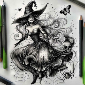 witches tattoo design ideas Surrealism bizarre spellcaster for ankle