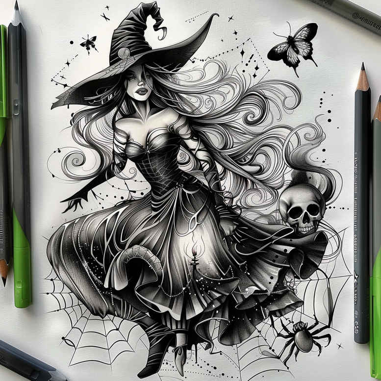 witches tattoo design ideas Surrealism bizarre spellcaster for ankle