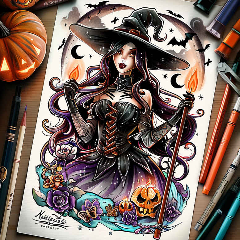 witches tattoo design ideas enhanced shading veiled seer stands for determination