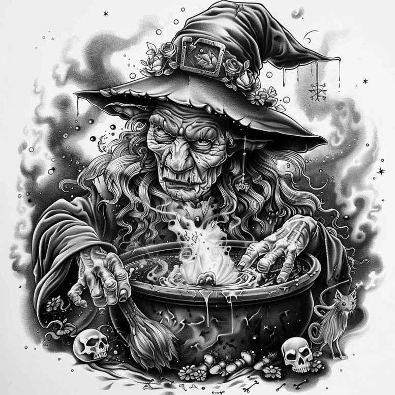 transformation-motif-tattoo – tattoo design ideas free ai generated – dreadful – for-upper-chest – Gallery: witches-inkby-ai