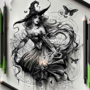 witch-detail-tattoo – tattoo design ideas free ai generated – hellish – for-forearm – Gallery: witches-inkby-ai
