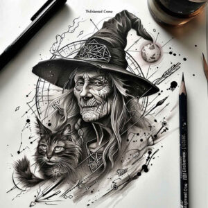 witch-detail-tattoo – tattoo design ideas free ai generated – menacing – for-back-of-neck – Gallery: witches-inkby-ai