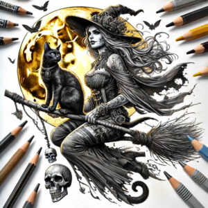 witch-line-tattoo – tattoo design ideas free ai generated – creepy – for-lower-back – Gallery: witches-inkby-ai