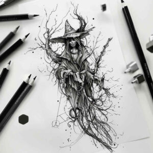 witch-line-tattoo – tattoo design ideas free ai generated – grim – for-wrist-side – Gallery: witches-inkby-ai