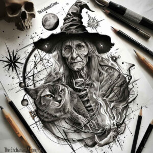 witch-line-tattoo – tattoo design ideas free ai generated – haunted – for-chest – Gallery: witches-inkby-ai