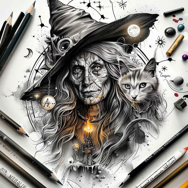 witch-line-tattoo – tattoo design ideas free ai generated – paranormal – for-lower-arm – Gallery: witches-inkby-ai