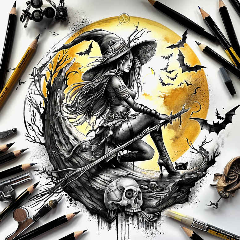 witch-line-tattoo – tattoo design ideas free ai generated – sinister – for-shoulder – Gallery: witches-inkby-ai