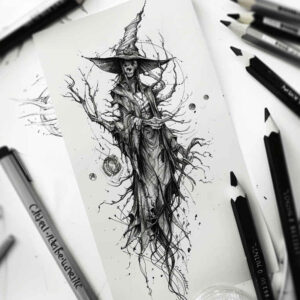 witch-ornament-tattoo – tattoo design ideas free ai generated – evil-spirit – for-behind-ear – Gallery: witches-inkby-ai