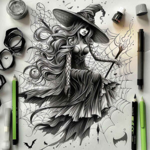 witch-shading-tattoo – tattoo design ideas free ai generated – claw-marks – for-behind-ear – Gallery: witches-inkby-ai