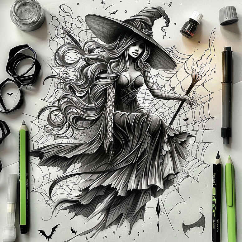 witch-shading-tattoo – tattoo design ideas free ai generated – claw-marks – for-behind-ear – Gallery: witches-inkby-ai