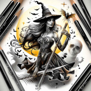 witch-tattoo – tattoo design ideas free ai generated – blood-red – for-knee – Gallery: witches-inkby-ai