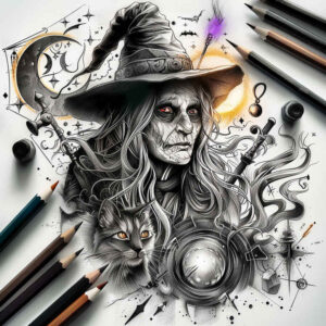 witch-tattoo – tattoo design ideas free ai generated – creepy – for-thigh – Gallery: witches-inkby-ai