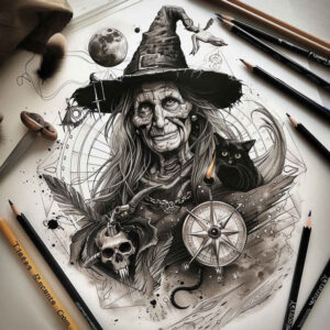 witch-tattoo – tattoo design ideas free ai generated – tattered-clothing – for-collarbone – Gallery: witches-inkby-ai