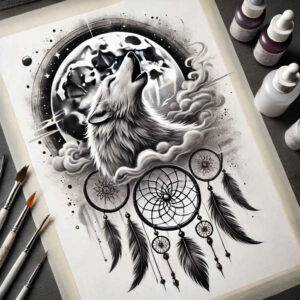 artistic-detail-wolf-tattoo – tattoo design ideas free ai generated – neotraditional-decorative-elements – for-side-torso – Gallery: wolves-inkby-ai
