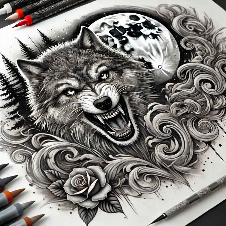 battle-motif-wolf-tattoo – tattoo design ideas free ai generated – neotraditional-decorative-elements – for-arm – Gallery: wolves-inkby-ai