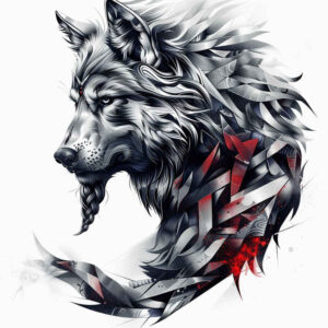 battle-motif-wolf-tattoo – tattoo design ideas free ai generated – neotraditional-modern-twist – for-lower-thigh – Gallery: wolves-inkby-ai