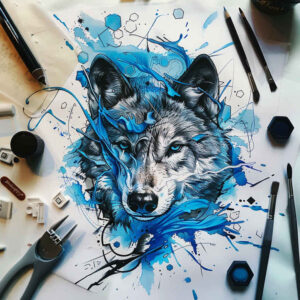 colorful-wolf-tattoo – tattoo design ideas free ai generated – neotraditional-soft-shadows – for-spine – Gallery: wolves-inkby-ai