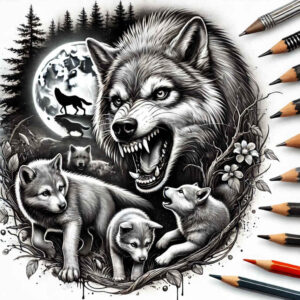 contour-wolf-tattoo – tattoo design ideas free ai generated – neotraditional-bold-highlights – for-knee – Gallery: wolves-inkby-ai