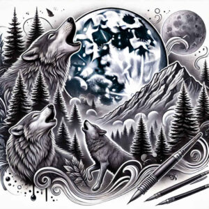 contour-wolf-tattoo – tattoo design ideas free ai generated – neotraditional-detailed-linework – for-elbow – Gallery: wolves-inkby-ai