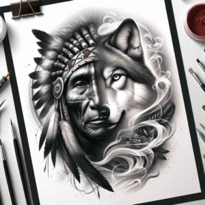 contour-wolf-tattoo – tattoo design ideas free ai generated – neotraditional-strong-contrast – for-temple – Gallery: wolves-inkby-ai