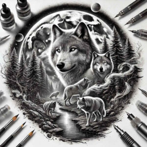 contour-wolf-tattoo – tattoo design ideas free ai generated – surrealism-dynamic-shapes – for-back – Gallery: wolves-inkby-ai