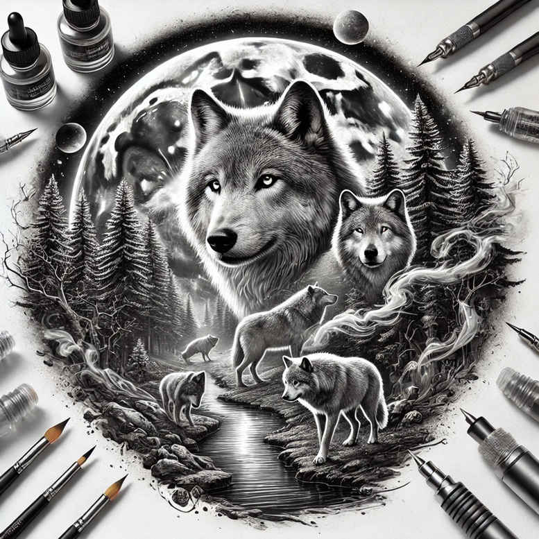 contour-wolf-tattoo – tattoo design ideas free ai generated – surrealism-dynamic-shapes – for-back – Gallery: wolves-inkby-ai