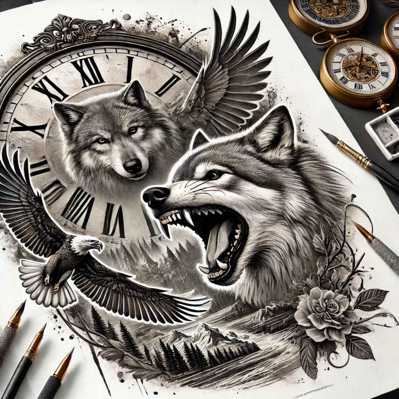 contour-wolf-tattoo – tattoo design ideas free ai generated – surrealism-mystical – for-abdomen – Gallery: wolves-inkby-ai