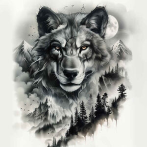 detailed-wolf-tattoo – tattoo design ideas free ai generated – neotraditional-deep-blacks – for-sternum – Gallery: wolves-inkby-ai
