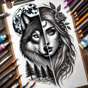 detailed-wolf-tattoo – tattoo design ideas free ai generated – realism-illusion-of-depth – for-outer-arm – Gallery: wolves-inkby-ai