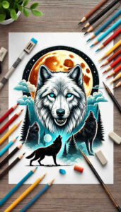 dot-wolf-tattoo – tattoo design ideas free ai generated – neotraditional-crisp-lines – for-full-back – Gallery: wolves-inkby-ai
