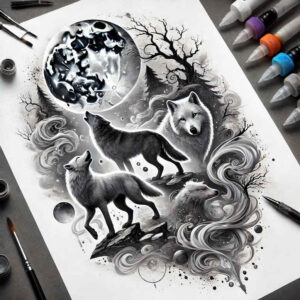energy-motif-wolf-tattoo – tattoo design ideas free ai generated – realism-moist-gloss – for-abdomen – Gallery: wolves-inkby-ai