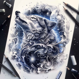 energy-motif-wolf-tattoo – tattoo design ideas free ai generated – surrealism-ethereal-glow – for-side – Gallery: wolves-inkby-ai