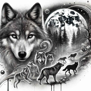 energy-wolf-tattoo – tattoo design ideas free ai generated – neotraditional-color-overlays – for-abdomen – Gallery: wolves-inkby-ai