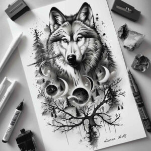 expression-wolf-tattoo – tattoo design ideas free ai generated – realism-gradient-tones – for-lower-leg – Gallery: wolves-inkby-ai