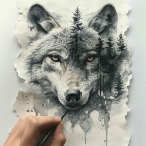 expression-wolf-tattoo – tattoo design ideas free ai generated – realism-illustrative-style – for-upper-thigh – Gallery: wolves-inkby-ai