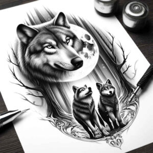 flowing-line-wolf-tattoo – tattoo design ideas free ai generated – neotraditional-modern-classic – for-chest – Gallery: wolves-inkby-ai