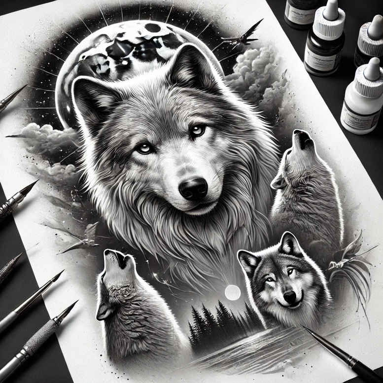 flowing-line-wolf-tattoo – tattoo design ideas free ai generated – neotraditional-textured-shading – for-triceps – Gallery: wolves-inkby-ai