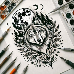 flowing-line-wolf-tattoo – tattoo design ideas free ai generated – realism-natural-tones – for-nape – Gallery: wolves-inkby-ai