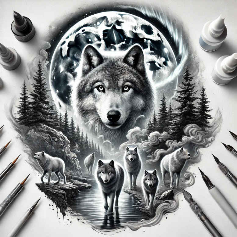 for-women – tattoo design ideas free ai generated – realism-glass-effect – for-shoulder – Gallery: wolves-inkby-ai