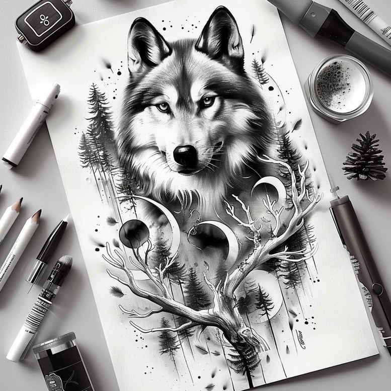 geometric-detail-wolf-tattoo – tattoo design ideas free ai generated – realism-natural-tones – for-fingers – Gallery: wolves-inkby-ai