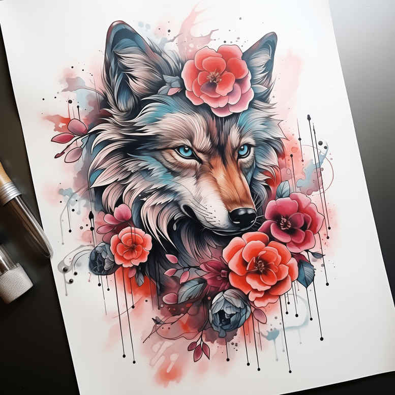 geometric-detail-wolf-tattoo – tattoo design ideas free ai generated – surrealism-ethereal-textures – for-upper-shoulder – Gallery: wolves-inkby-ai