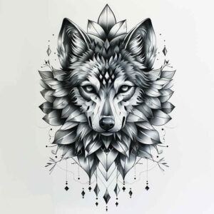 geometric-detail-wolf-tattoo – tattoo design ideas free ai generated – surrealism-imperfect-symmetry – for-calf – Gallery: wolves-inkby-ai