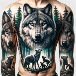 life-motif-wolf-tattoo – tattoo design ideas free ai generated – surrealism-dreamscape – for-lower-chest – Gallery: wolves-inkby-ai