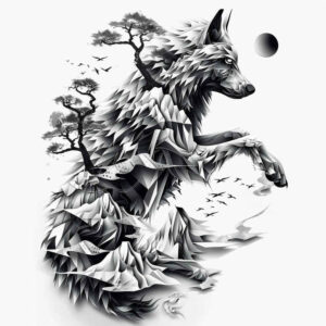 light-effect-wolf-tattoo – tattoo design ideas free ai generated – neotraditional-bold-texture – for-chest – Gallery: wolves-inkby-ai