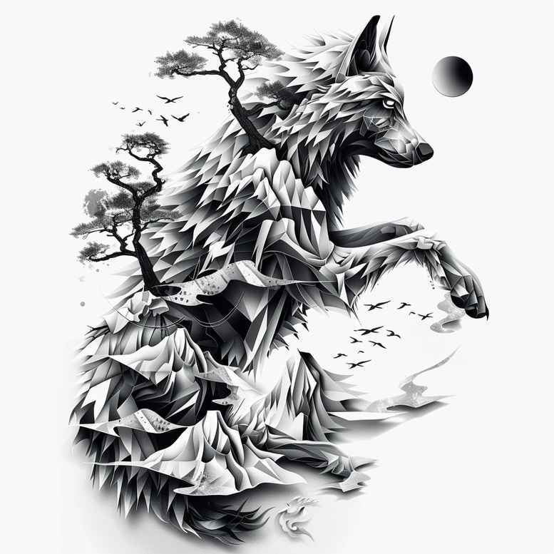 light-effect-wolf-tattoo – tattoo design ideas free ai generated – neotraditional-bold-texture – for-chest – Gallery: wolves-inkby-ai
